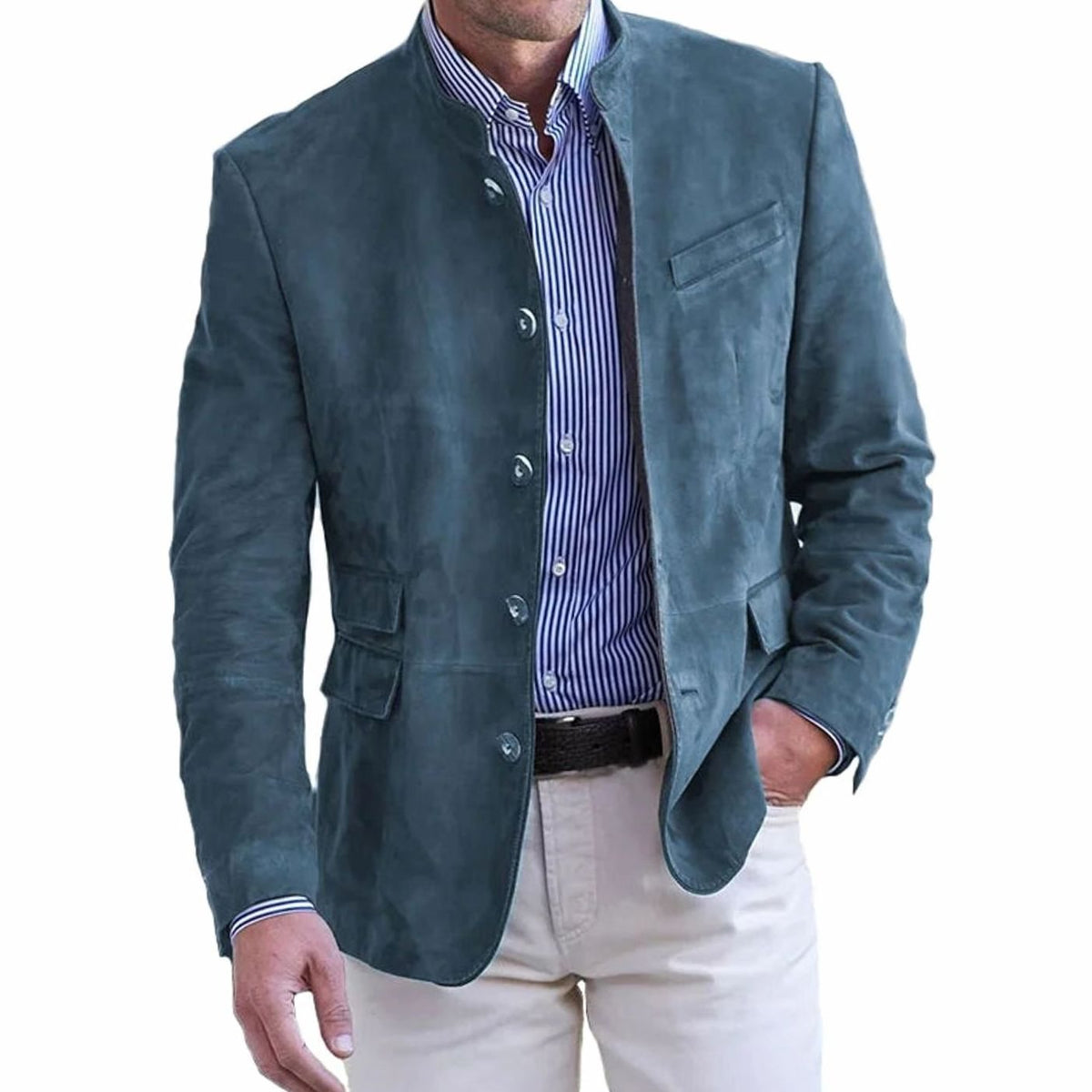 Men's slim-fit suede blazer jacket with a stand collar