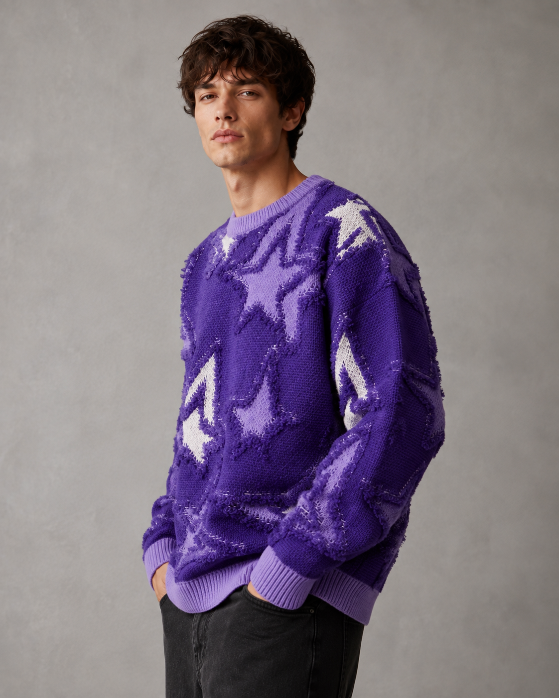 Side view showing the relaxed silhouette of the star knit sweater