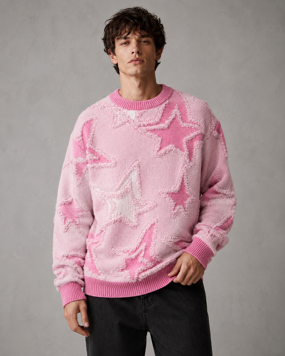 Men's Textured Star Knit Sweater Relaxed Streetwear Fit