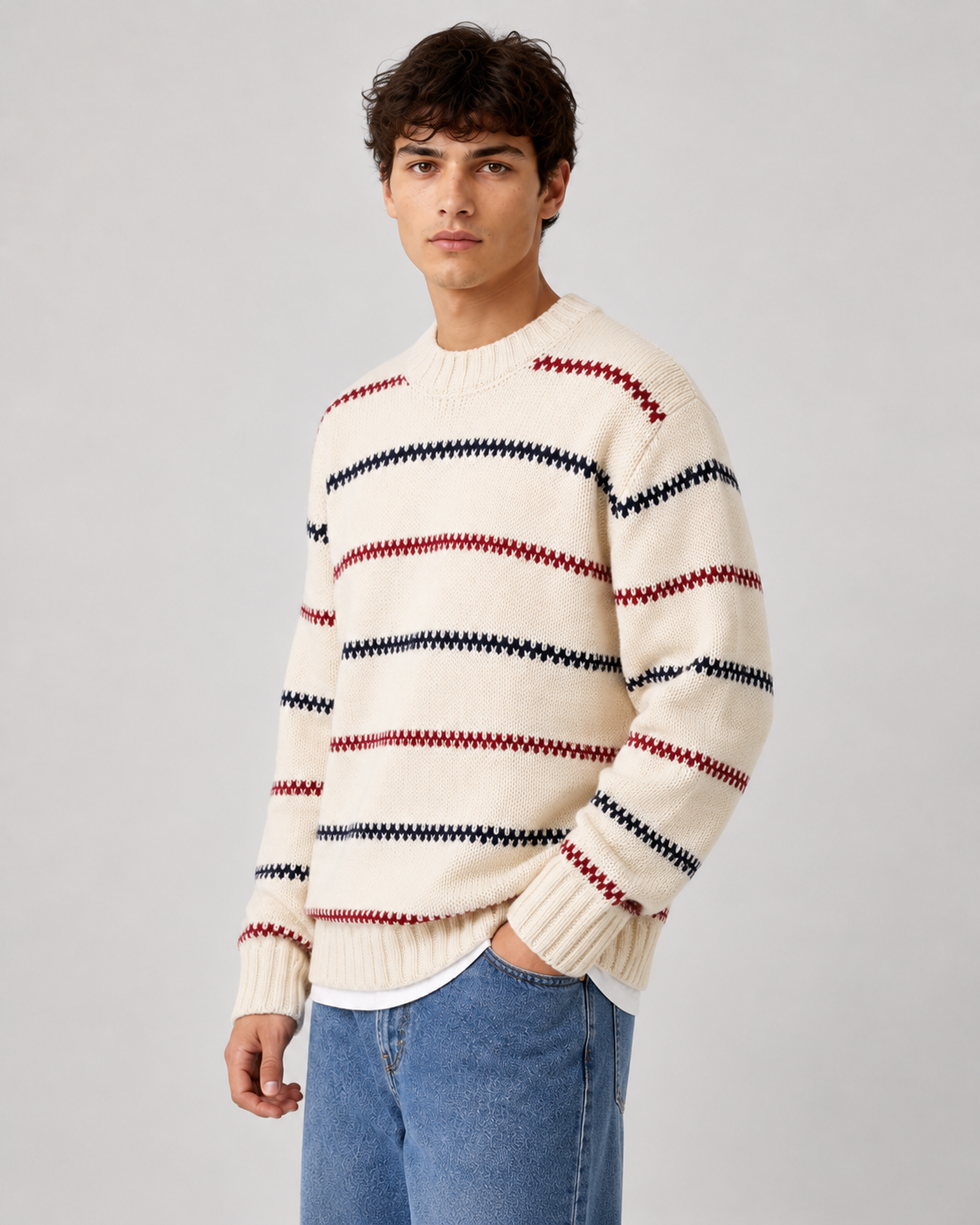 Front view of a men's striped crew sweater