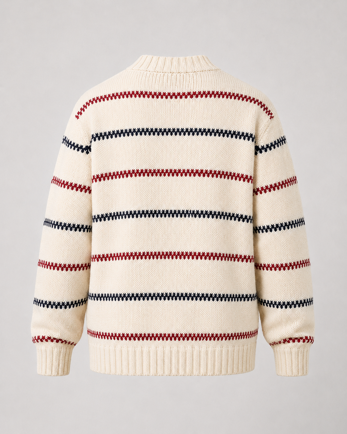 Back view of the striped crew neck sweater