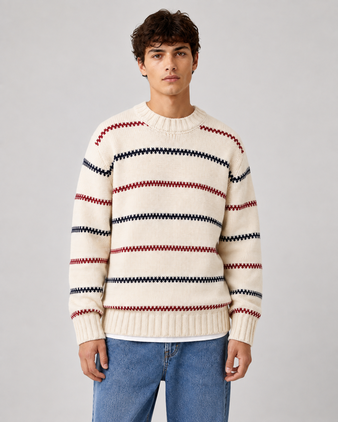 Men's striped knit sweater with a relaxed crew neck