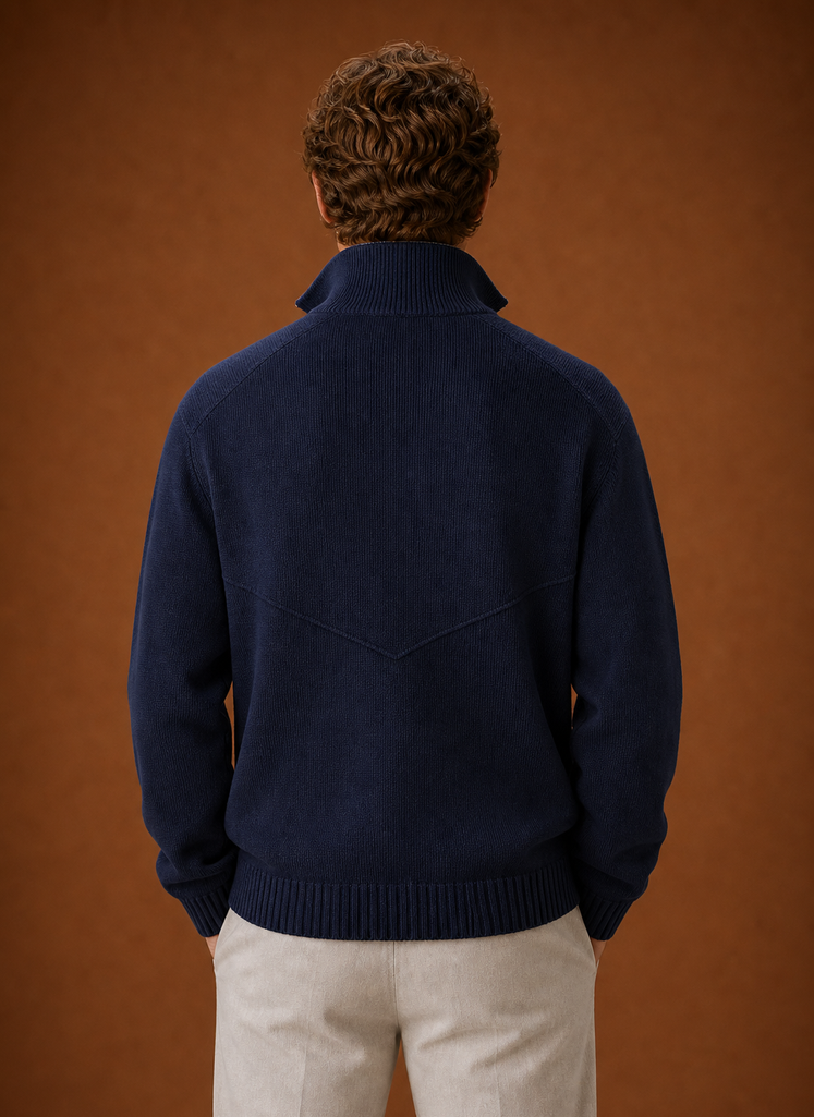 Men's full-zip sweater jacket shown from the back