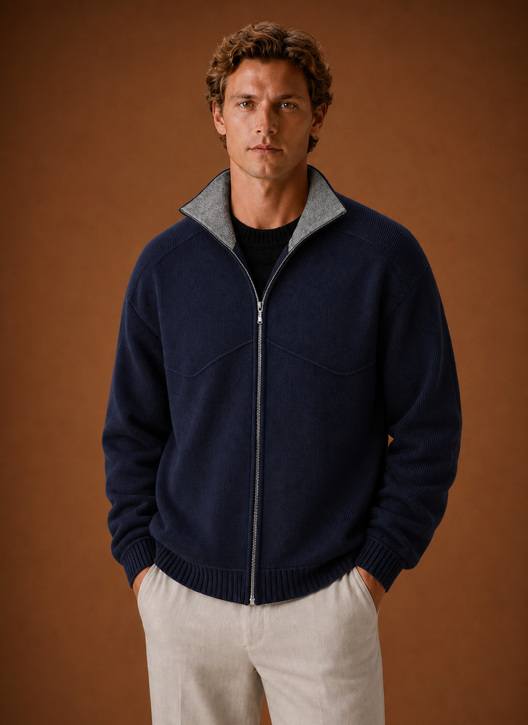 Men's full-zip knit cardigan sweater jacket shown from the front