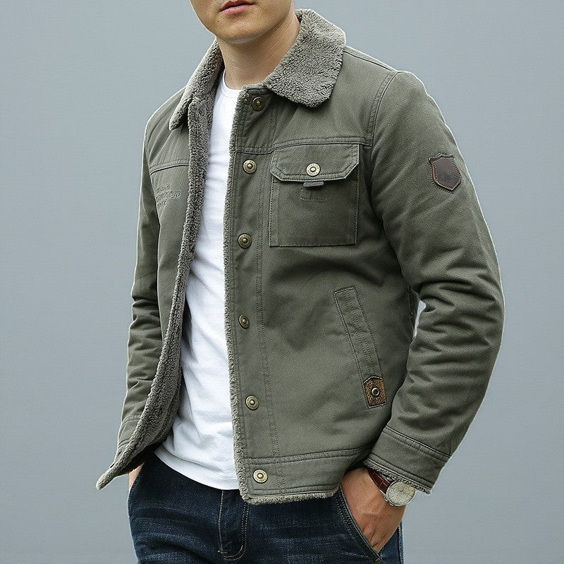 Front view of a men's winter jacket with a cozy sherpa collar