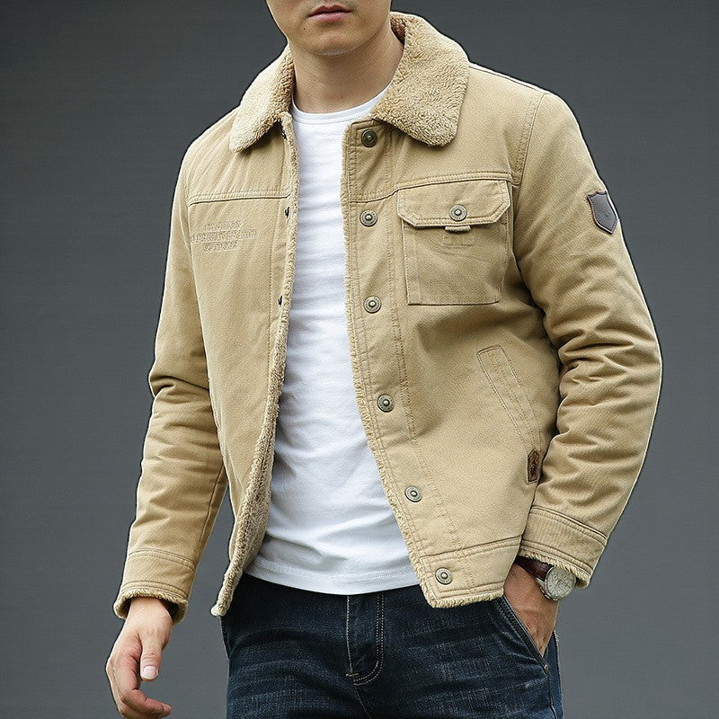 Close-up of the sherpa lining and collar on a men's winter jacket