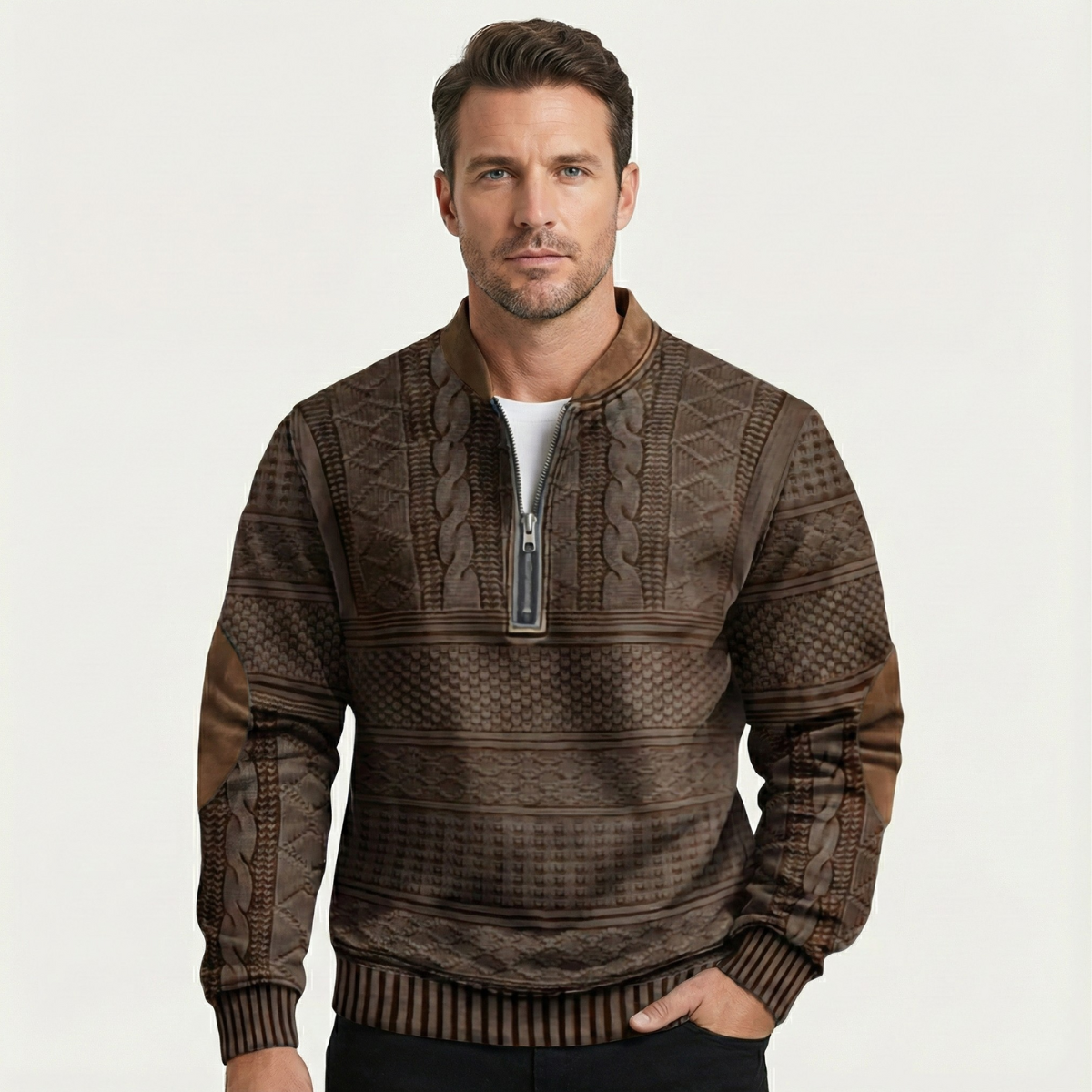 Side view of the relaxed-fit button-front cardigan