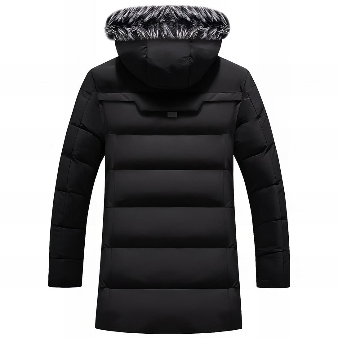 back side of a men's black winter parka with a faux-fur hood