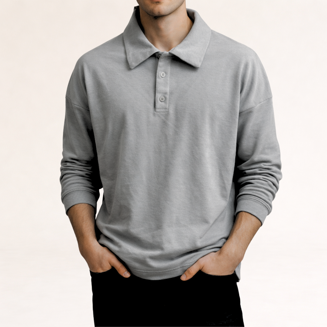Side view of the casual polo shirt fit