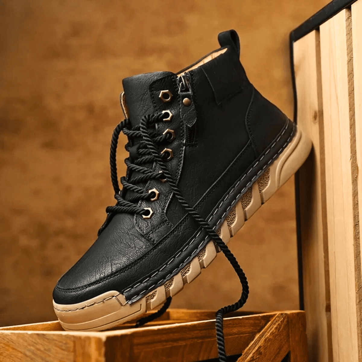 Close-up view of men's leather boot construction
