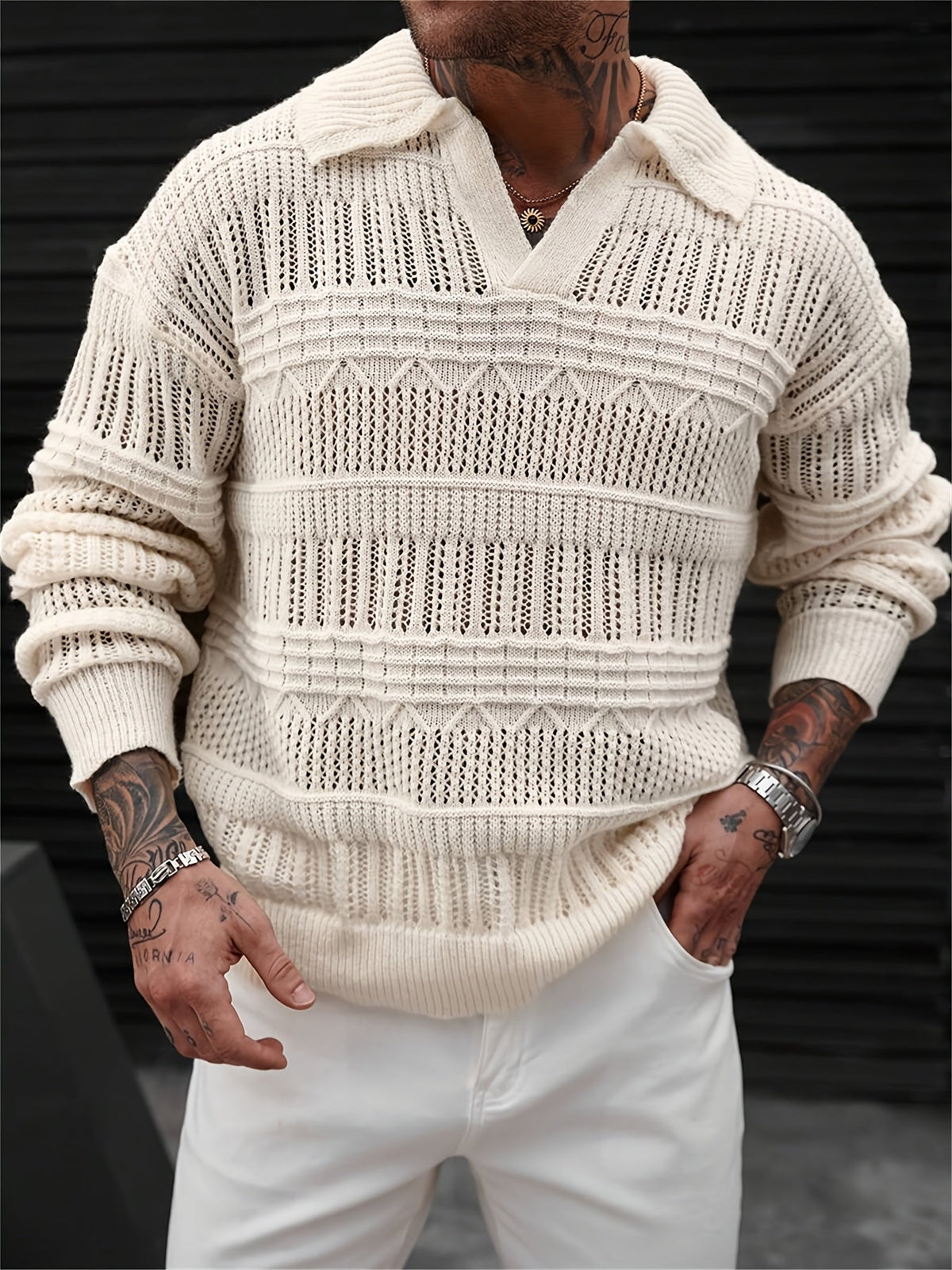 Men's open-knit long-sleeve polo shirt shown from the front
