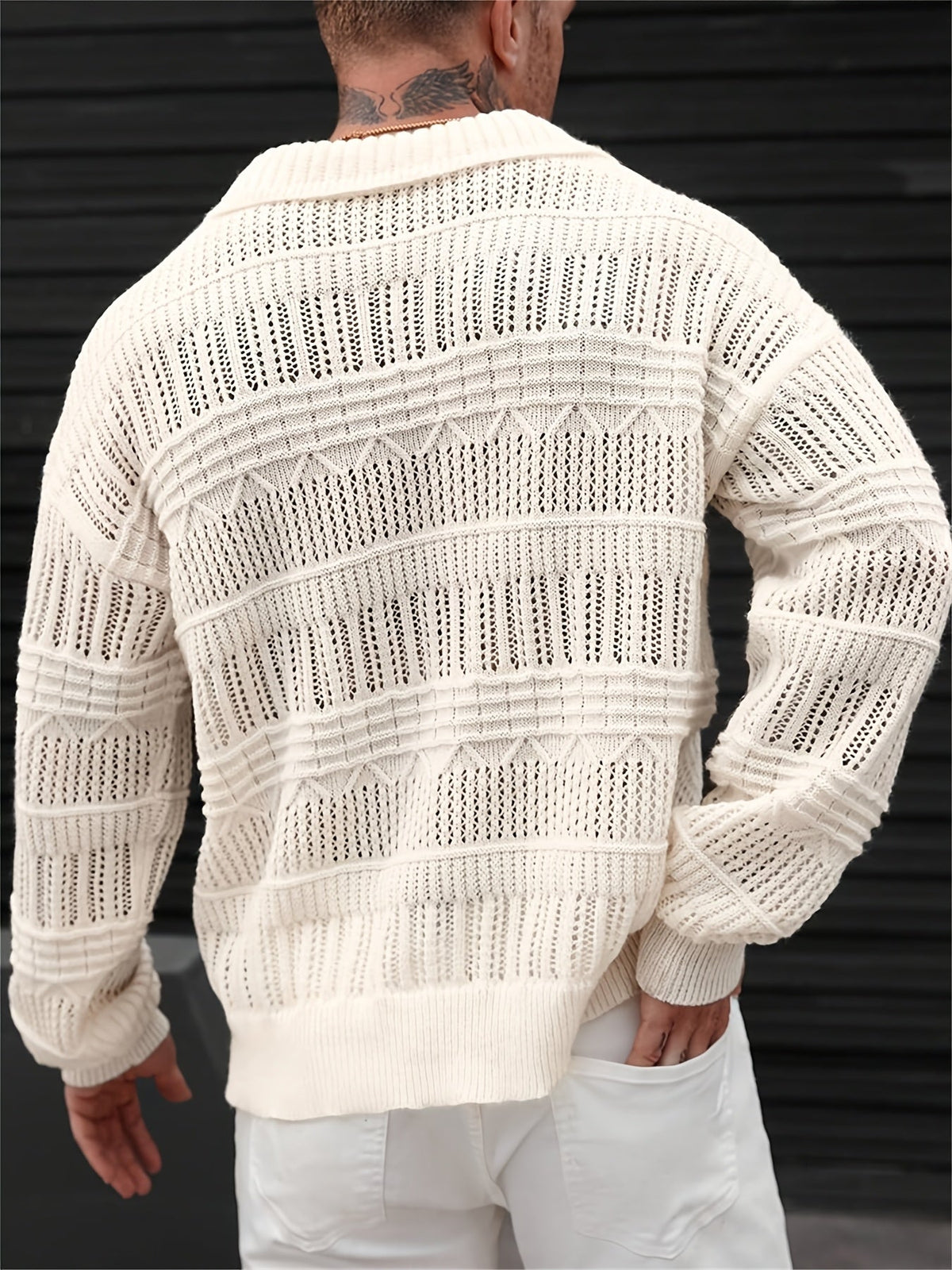 Men's open-knit polo shirt showing the collared neckline