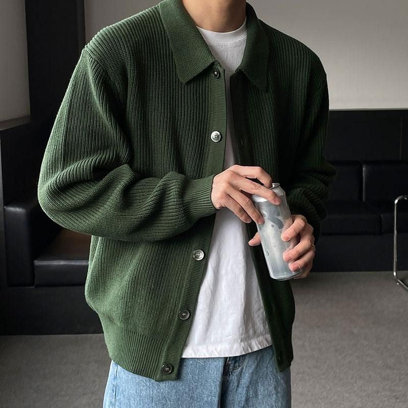 Men's ribbed pointed-collar cardigan shown from the front