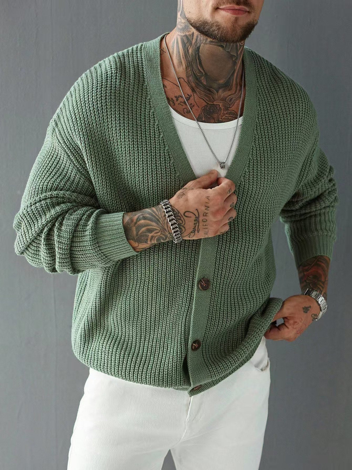 Front view of a men's ribbed cardigan sweater with a V-neck