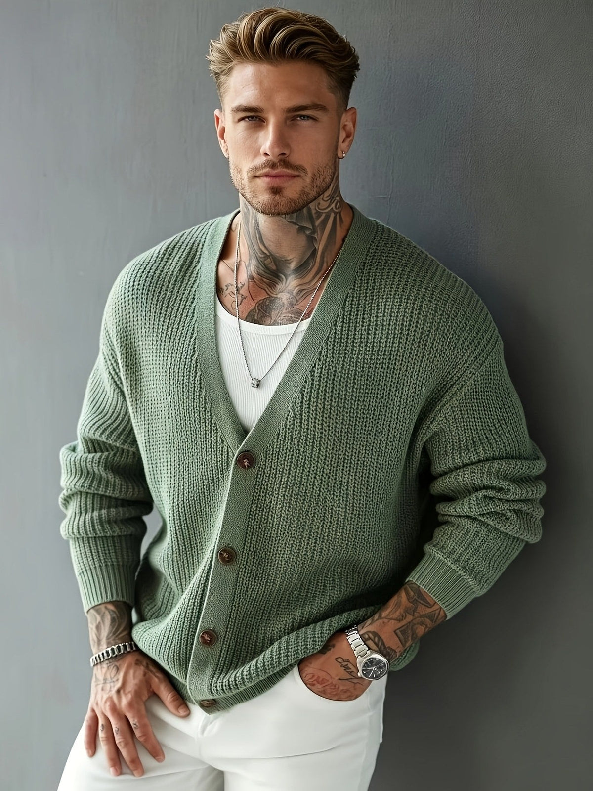 Men's button-front cardigan sweater featuring a ribbed knit texture