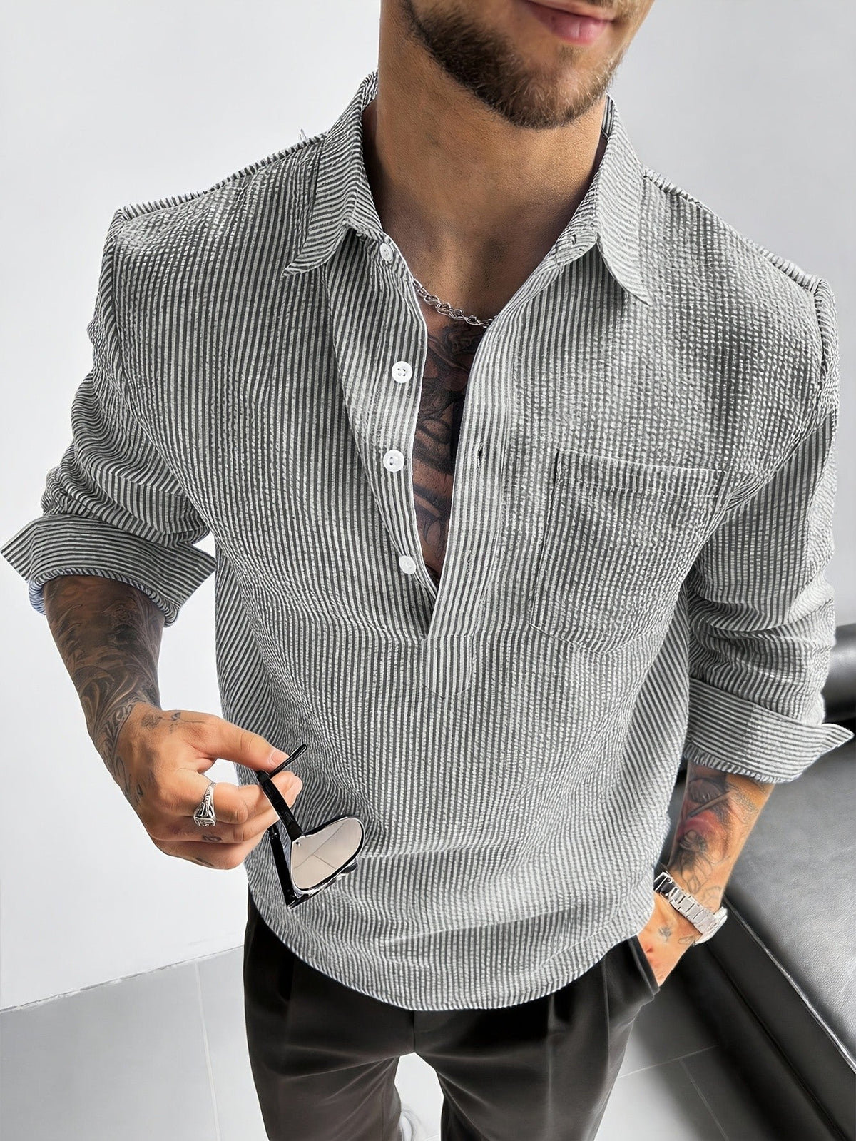 Front view of the striped seersucker shirt
