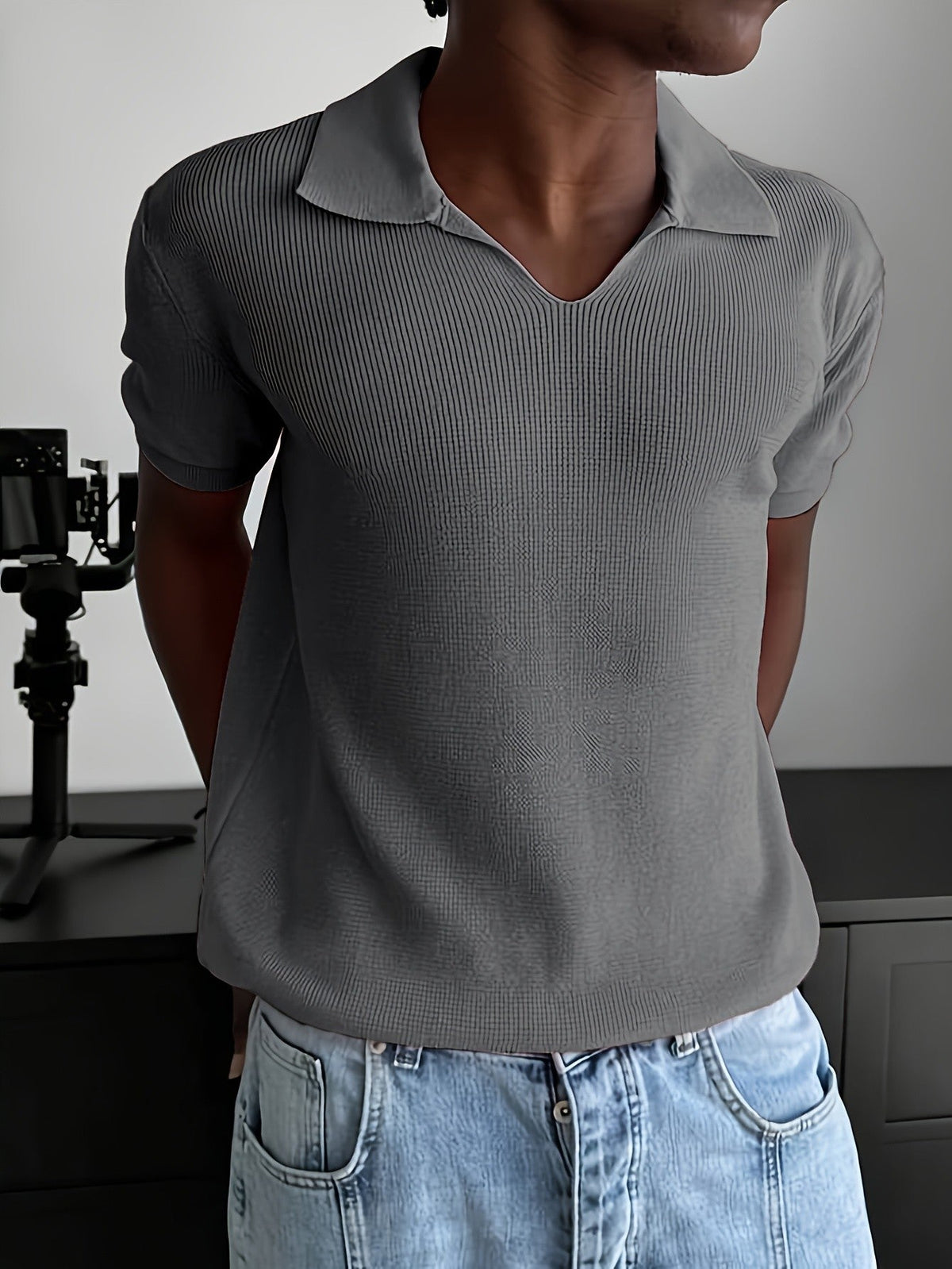 Back view of a men's ribbed polo shirt