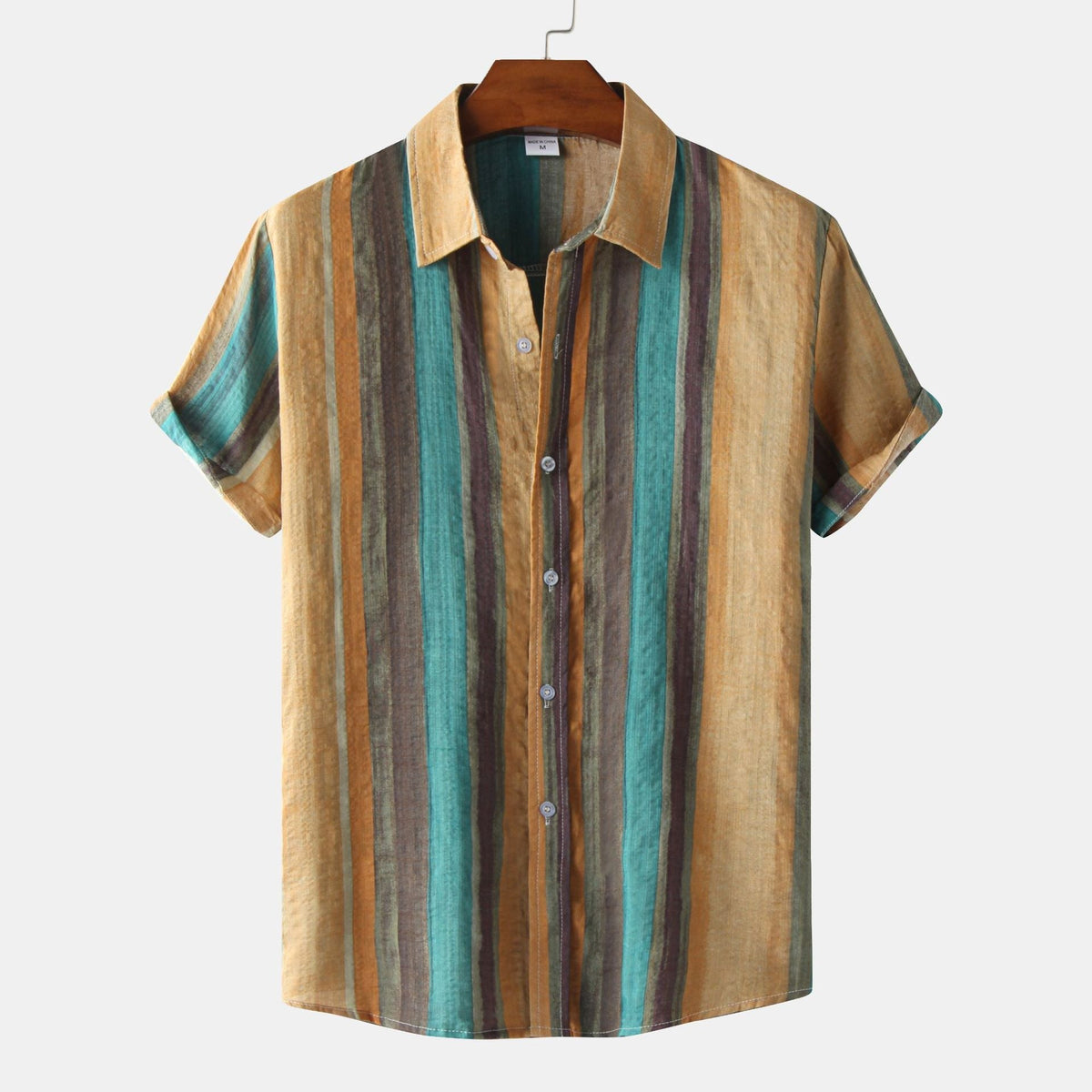 Side view of a men's plus size floral print short sleeve shirt