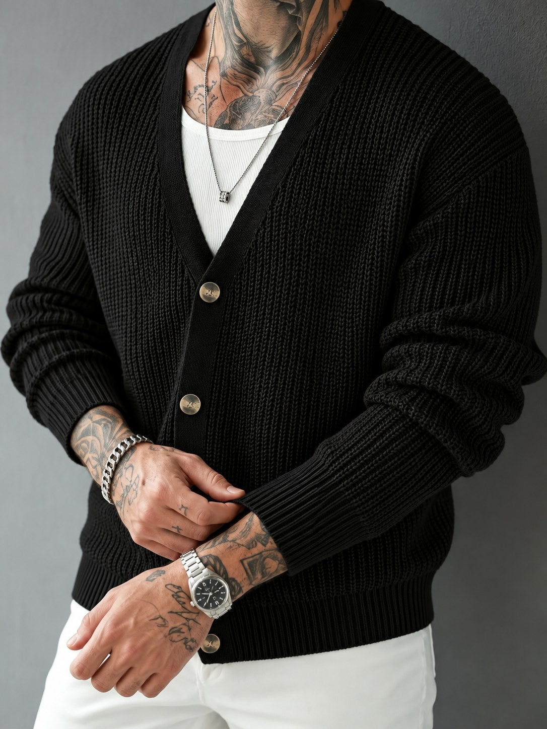 Men's cardigan sweater with long sleeves and a classic V-neck