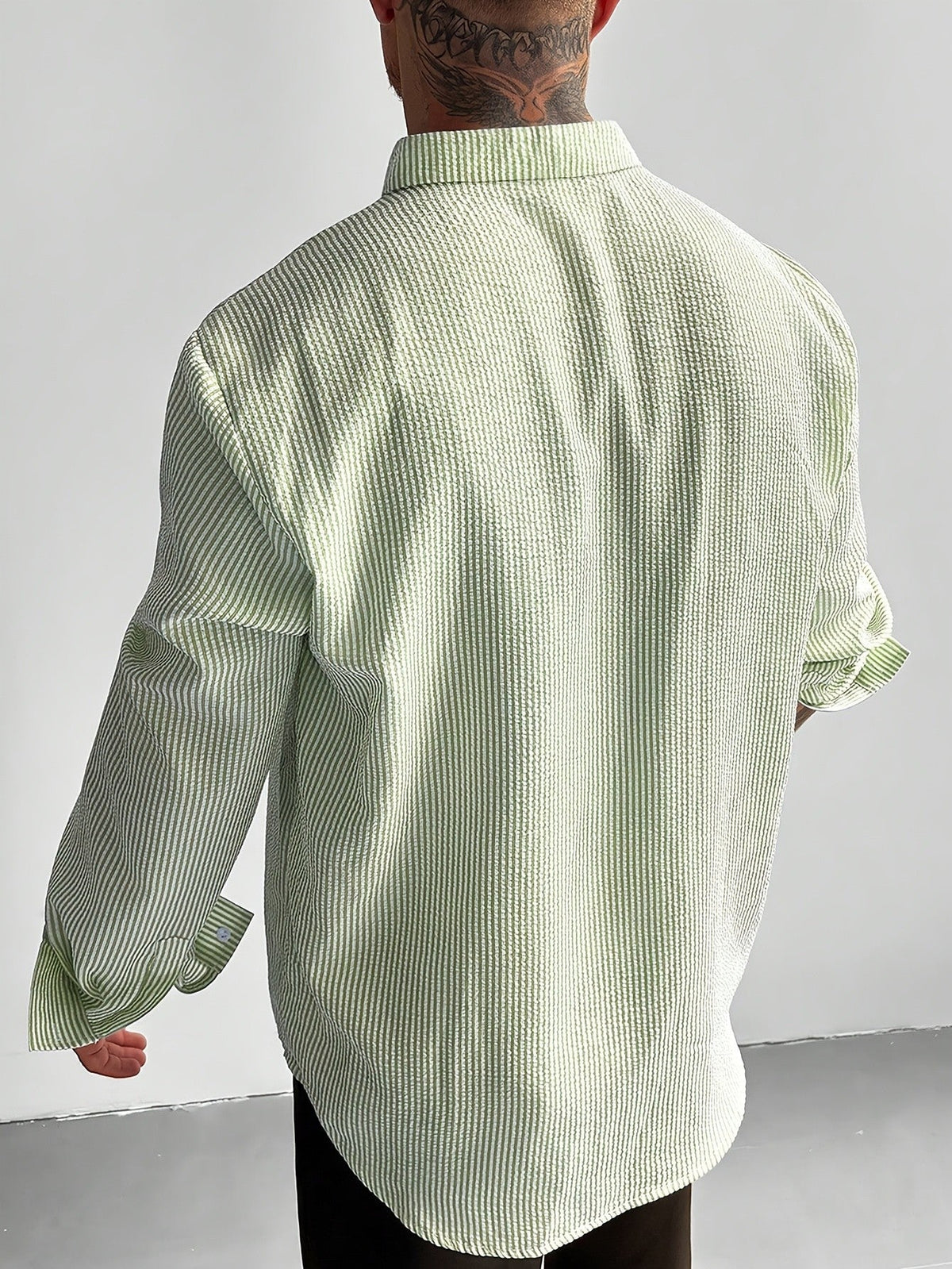 Men's seersucker stripe popover shirt displayed in full