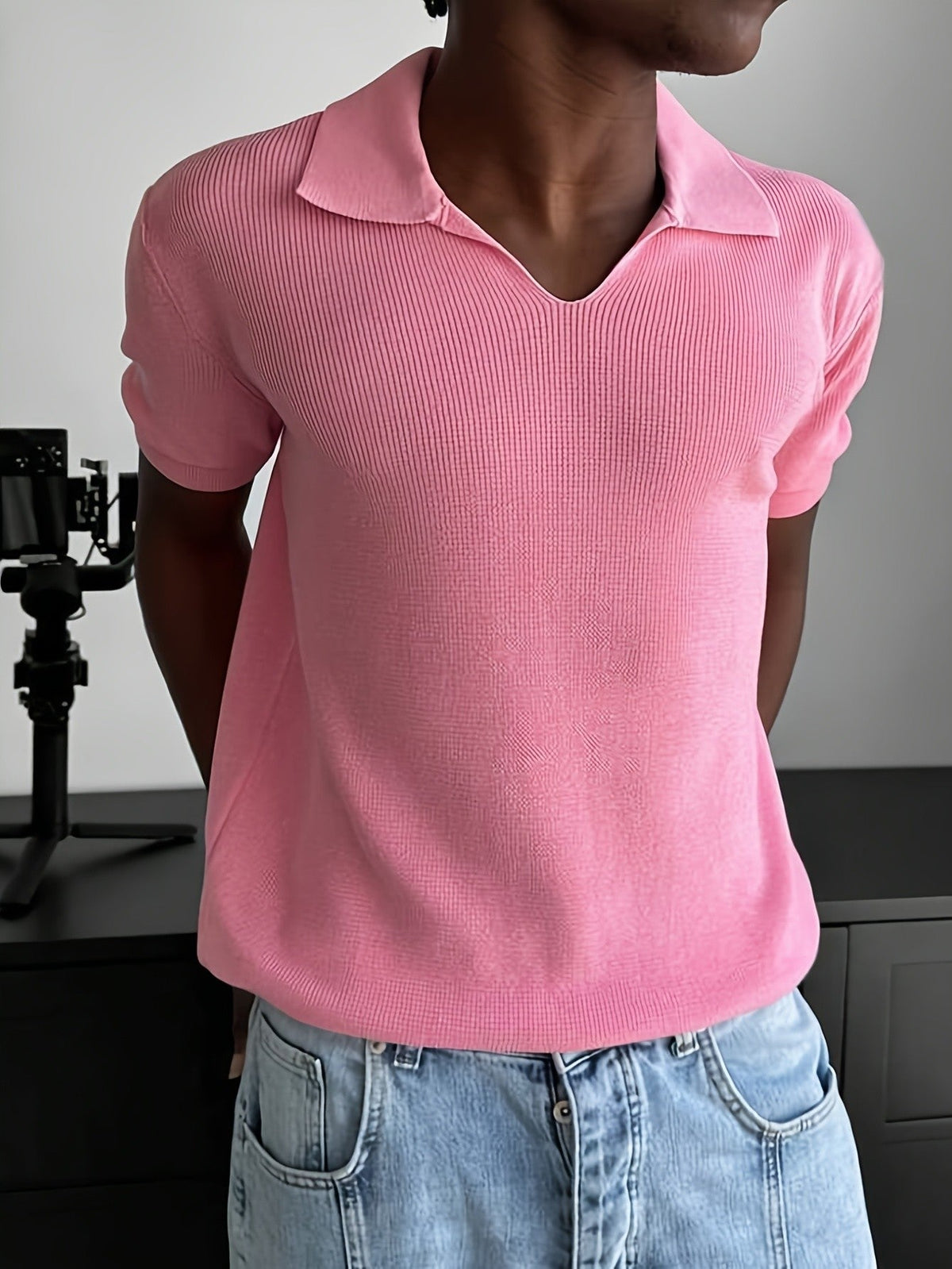 Men's Ribbed Polo Shirt With Open V-Neck