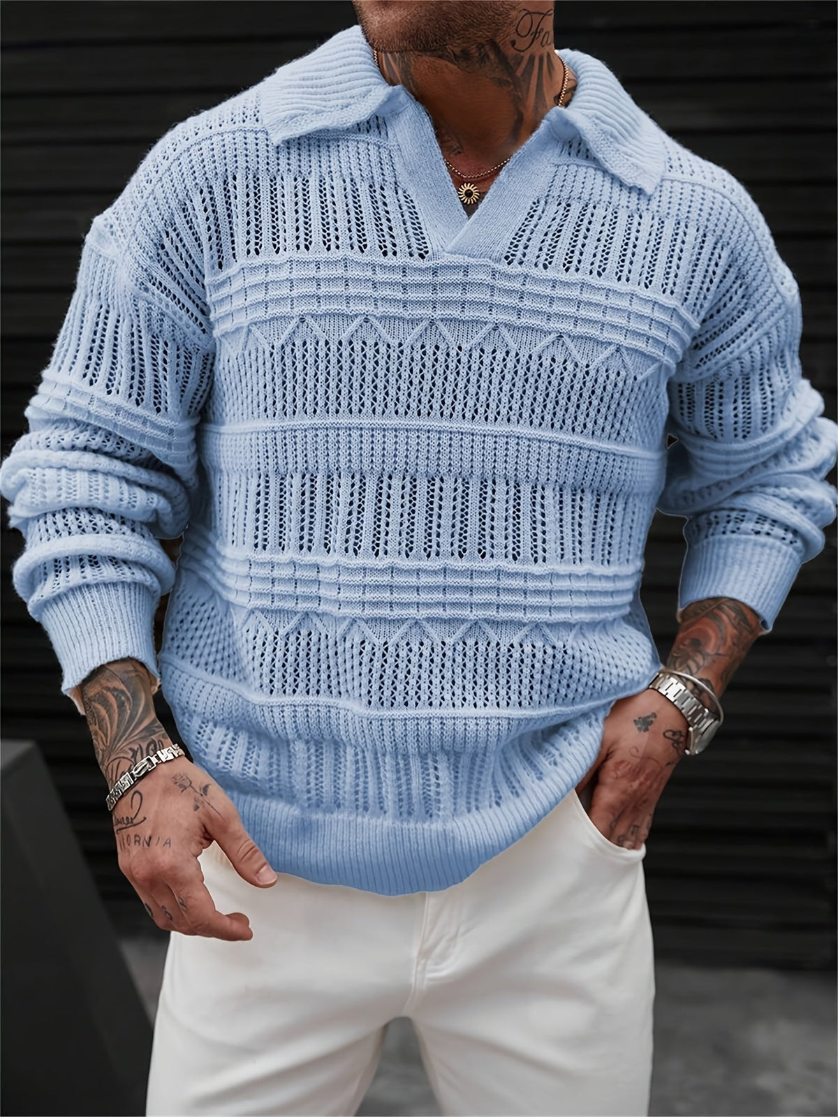 Men's long-sleeve polo shirt showing the button placket
