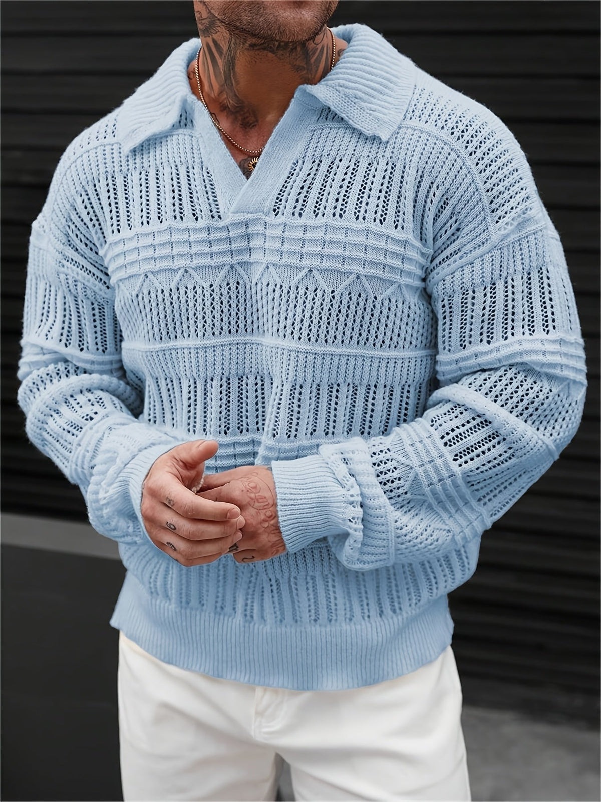 Side view of the men's open-knit long-sleeve polo shirt