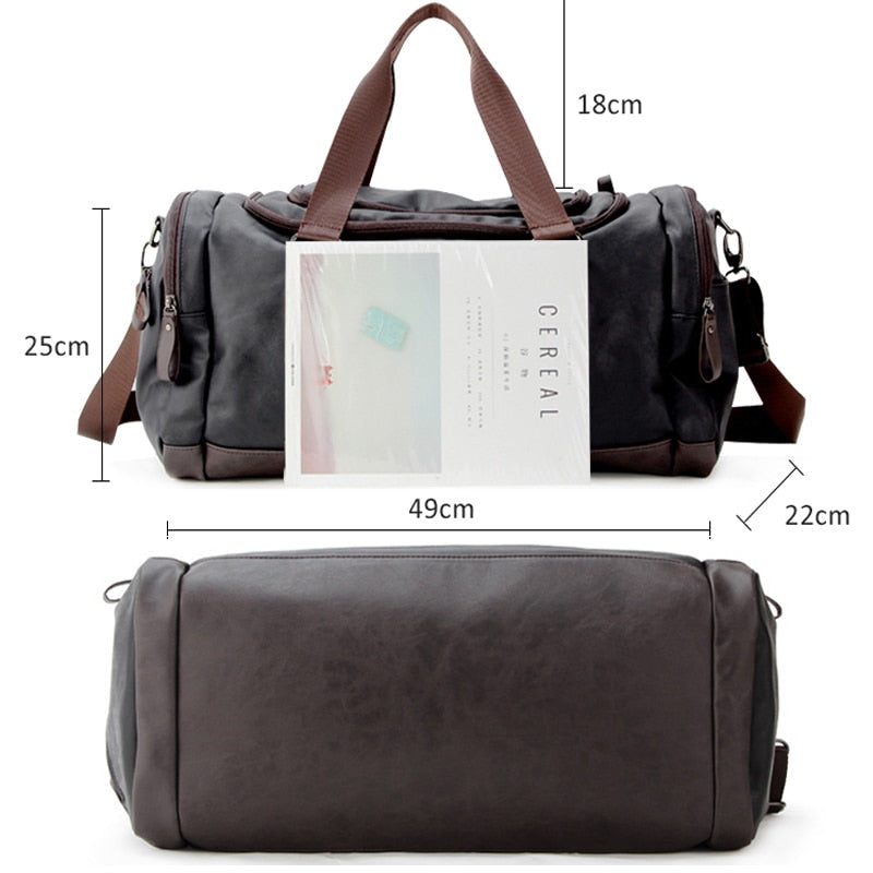 Back view of the leather duffel bag showing clean design and durable construction