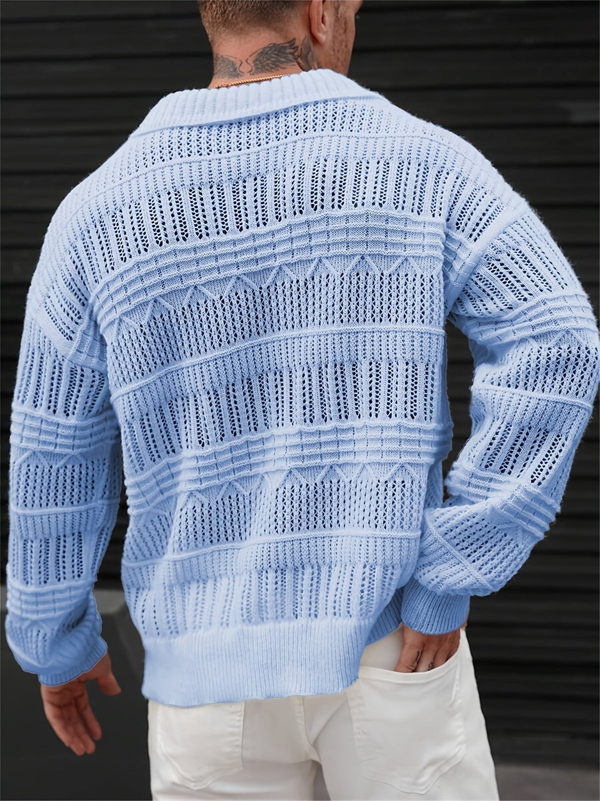 Back view of the men's textured knit polo shirt