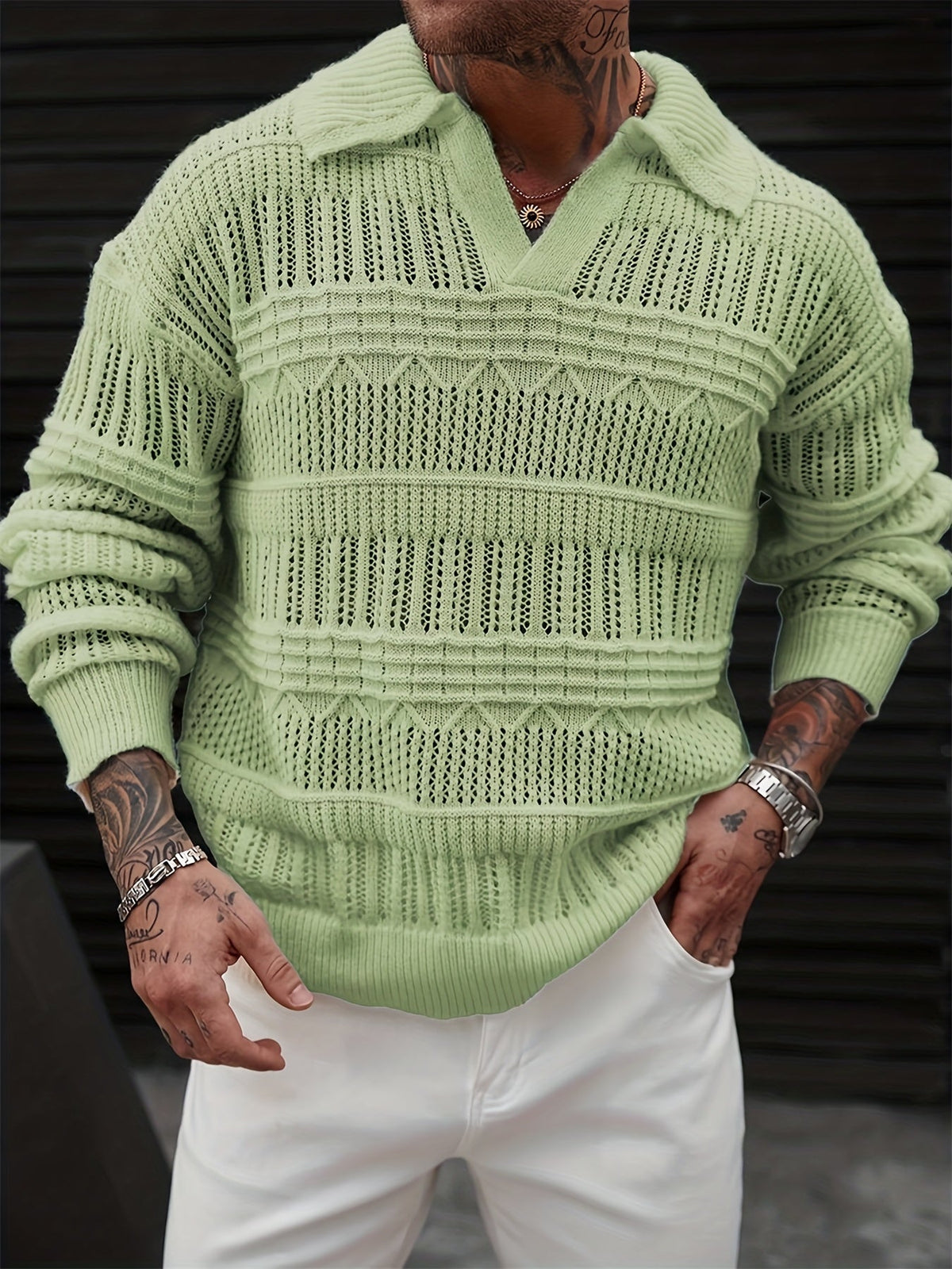 Men's polo shirt showing the long sleeves and relaxed fit