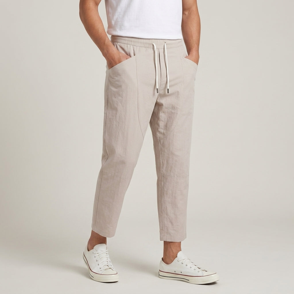 Men's cotton-linen cropped pants shown from the front