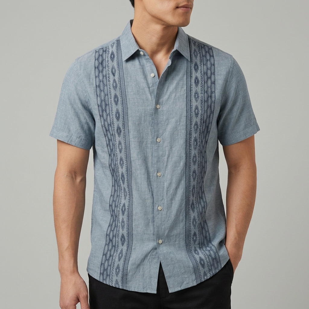 Men's Green Embroidered Short-Sleeve Shirt