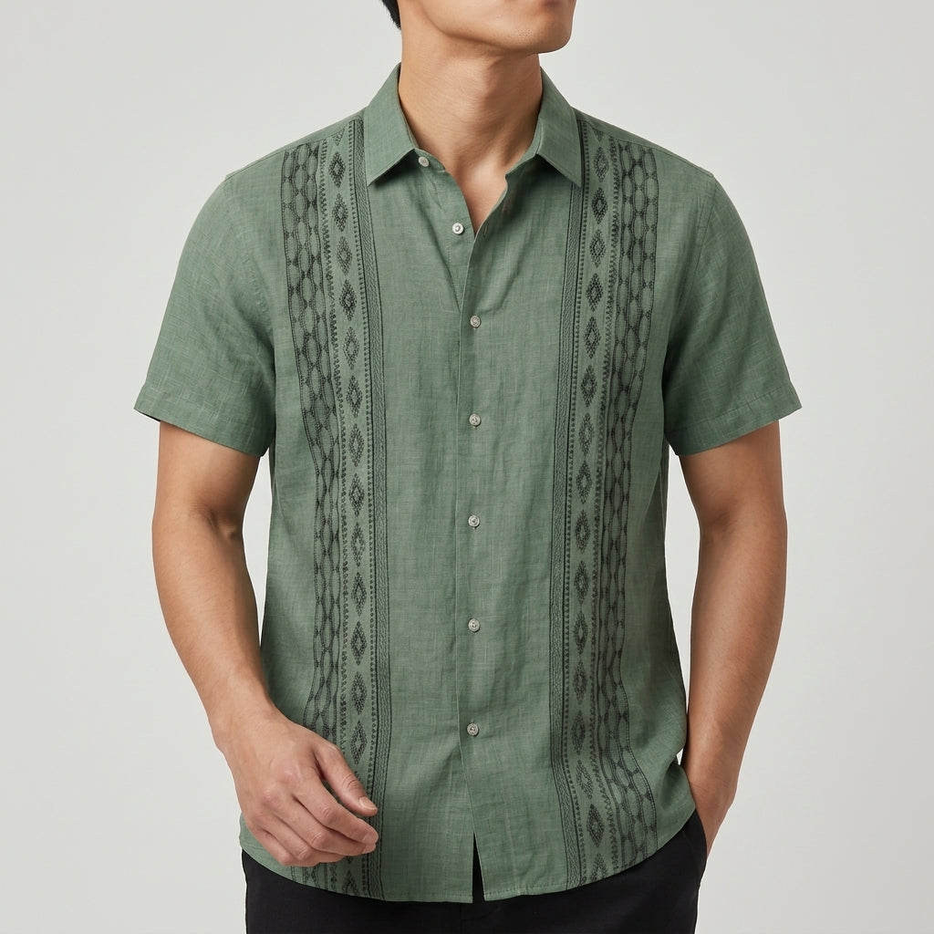 Men's Green Embroidered Short-Sleeve Shirt