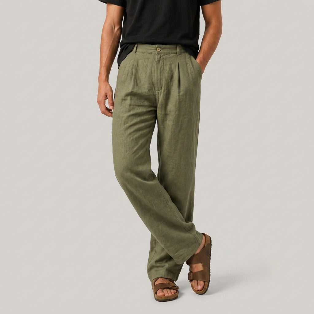 Men's linen-blend pants styled for warm-weather wear