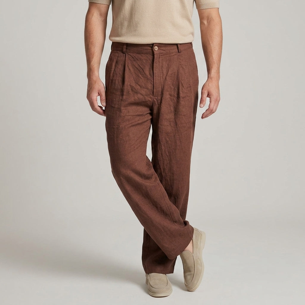 Men's linen-blend pants paired with a casual warm-weather outfit