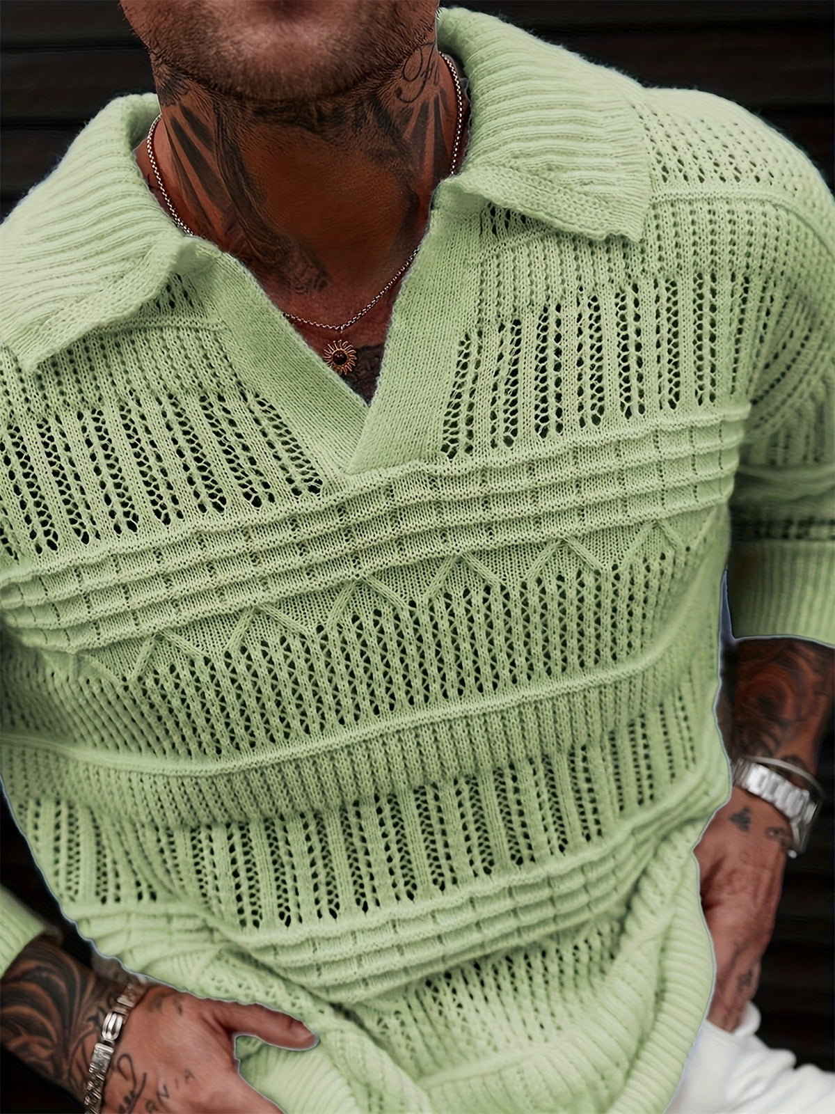 Men's open-knit long-sleeve polo shirt styled for a casual outfit