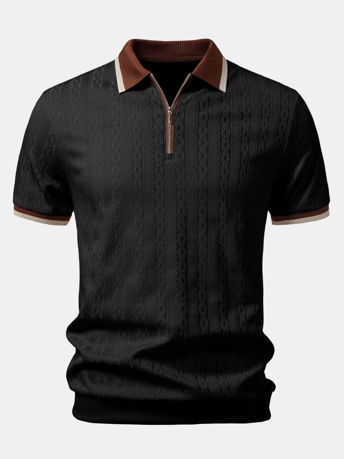 Close-up of the textured knit fabric and polo collar