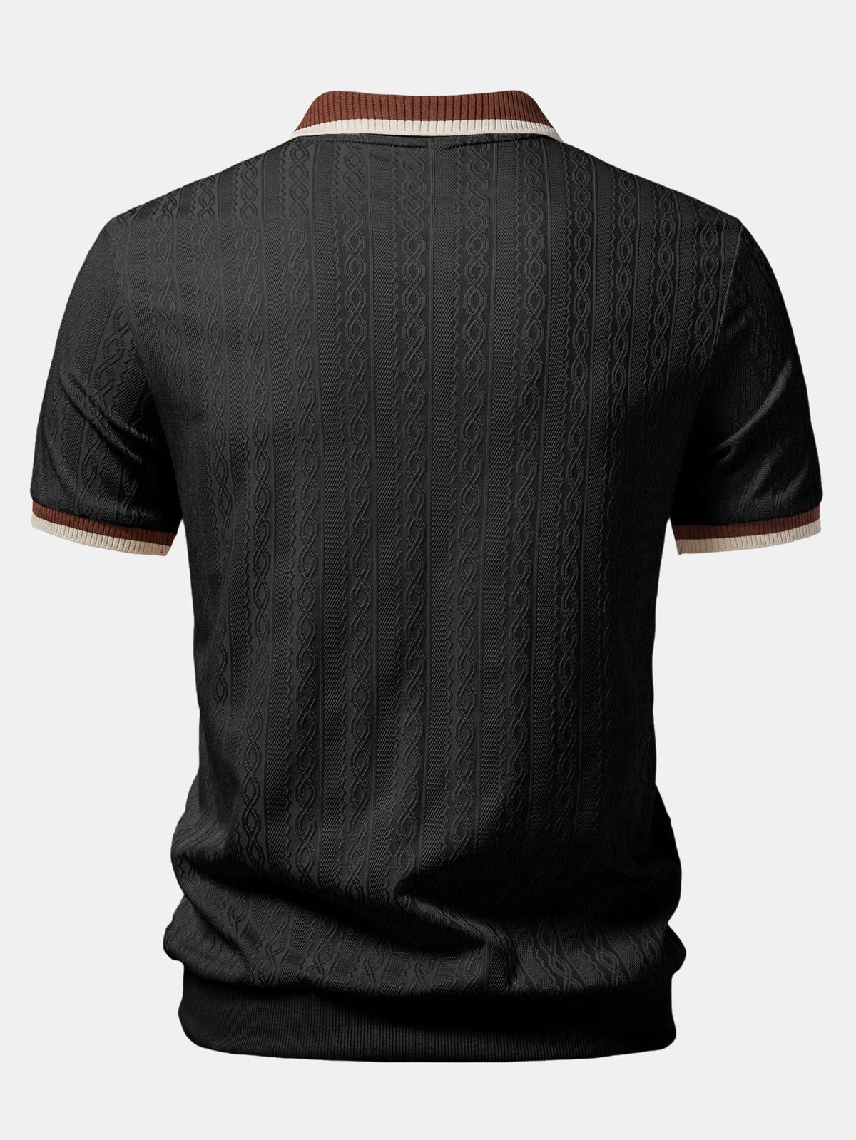 Quarter-zip neckline on a men's knit polo shirt