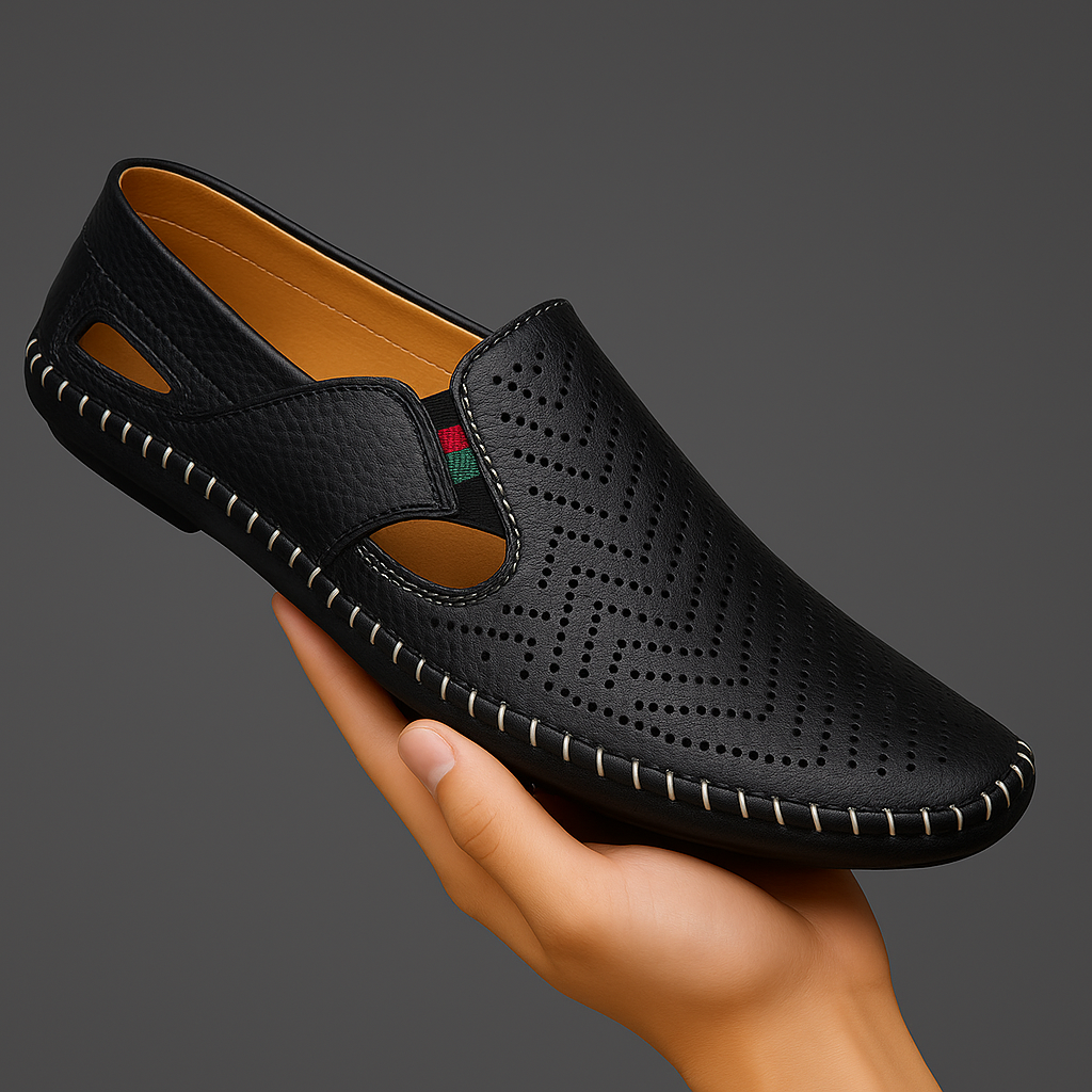Angled view of cushioned leather sandals for men