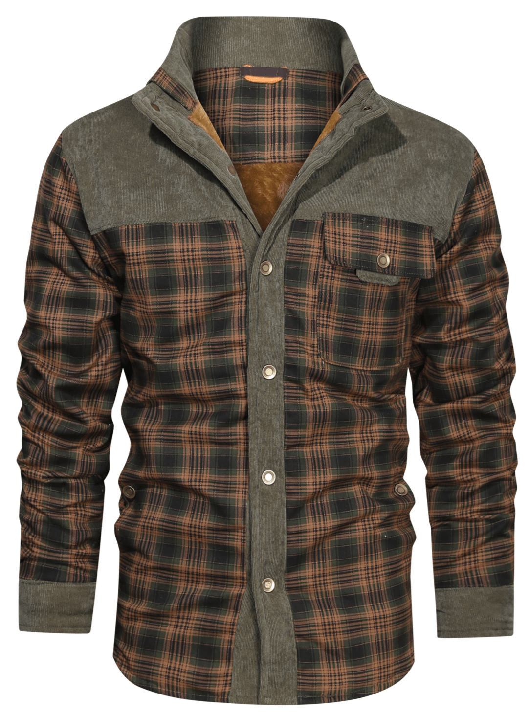 Front view of men's plaid jacket with faux fur collar