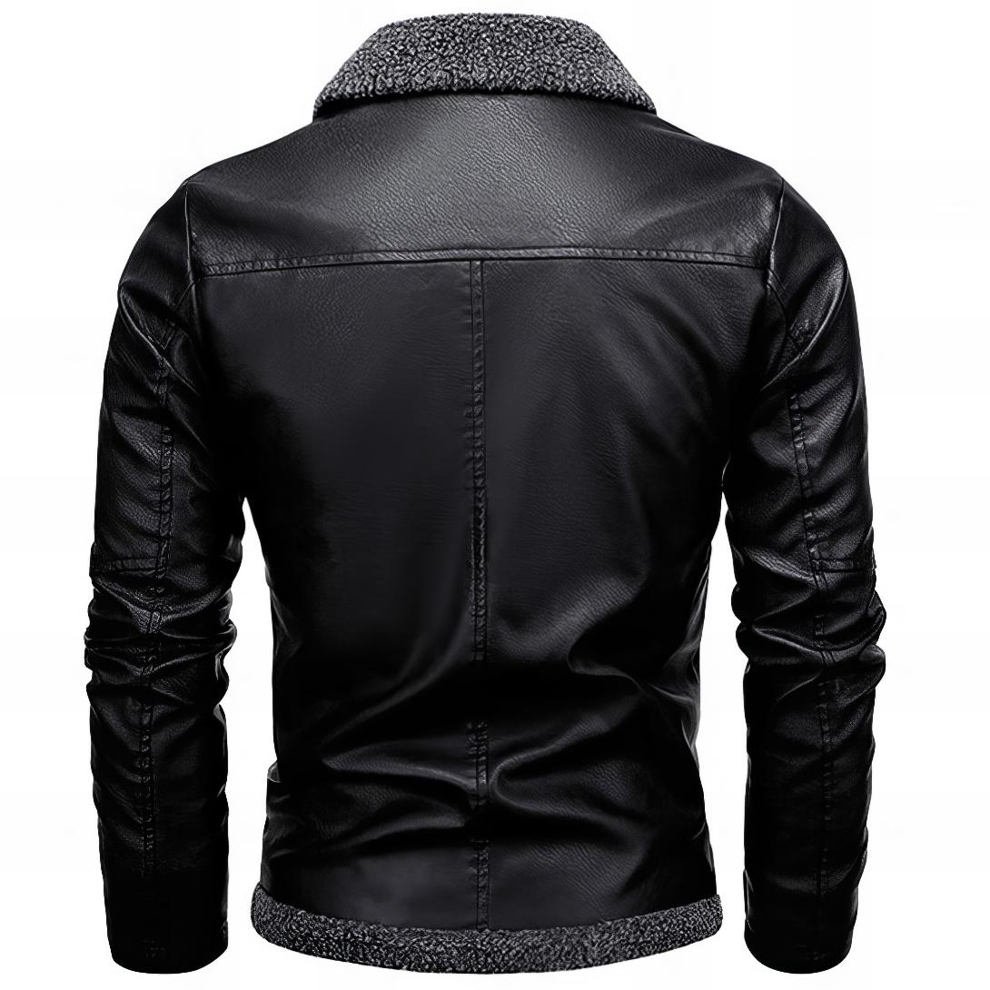 backside of a black leather jacket with pockets and sherpa lining