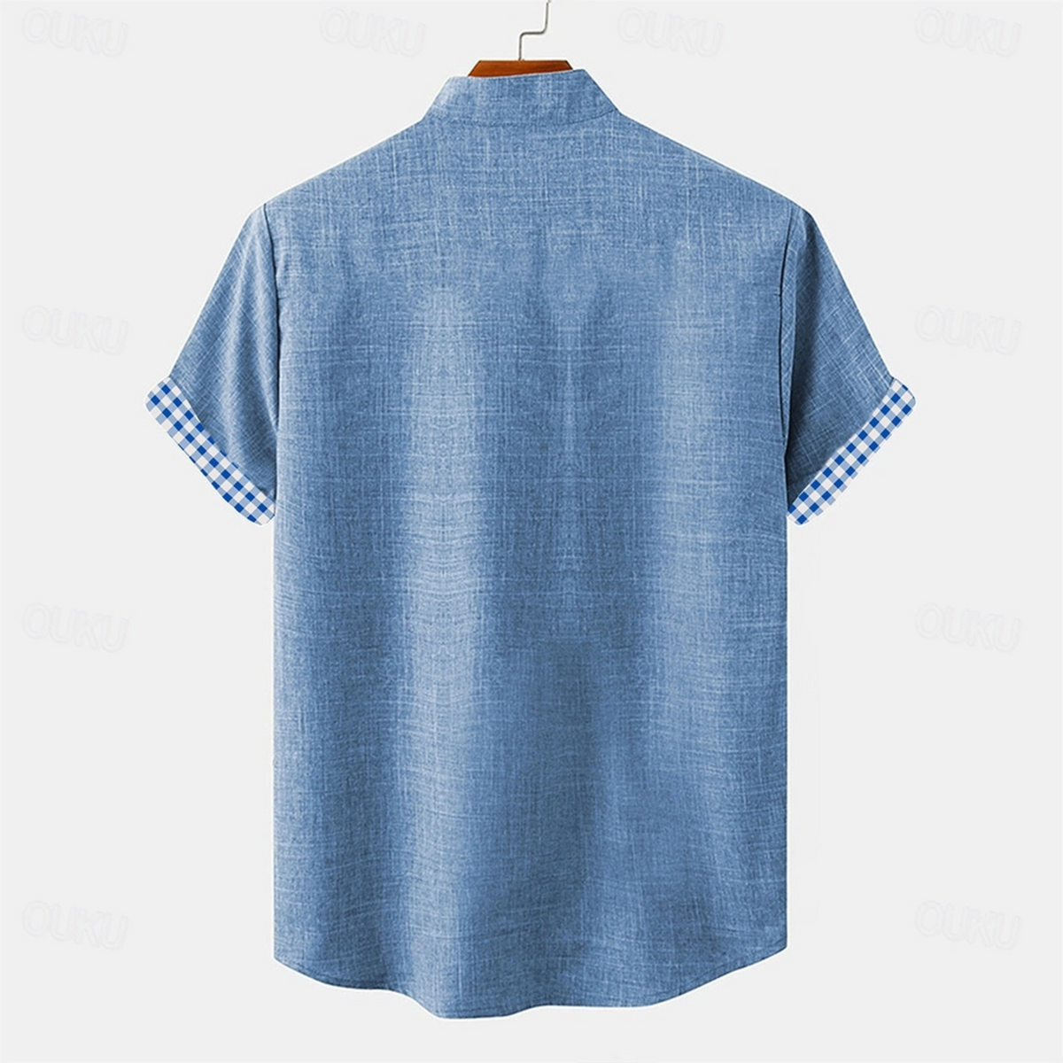 Men's button-up shirt shown from the back with gingham trim.