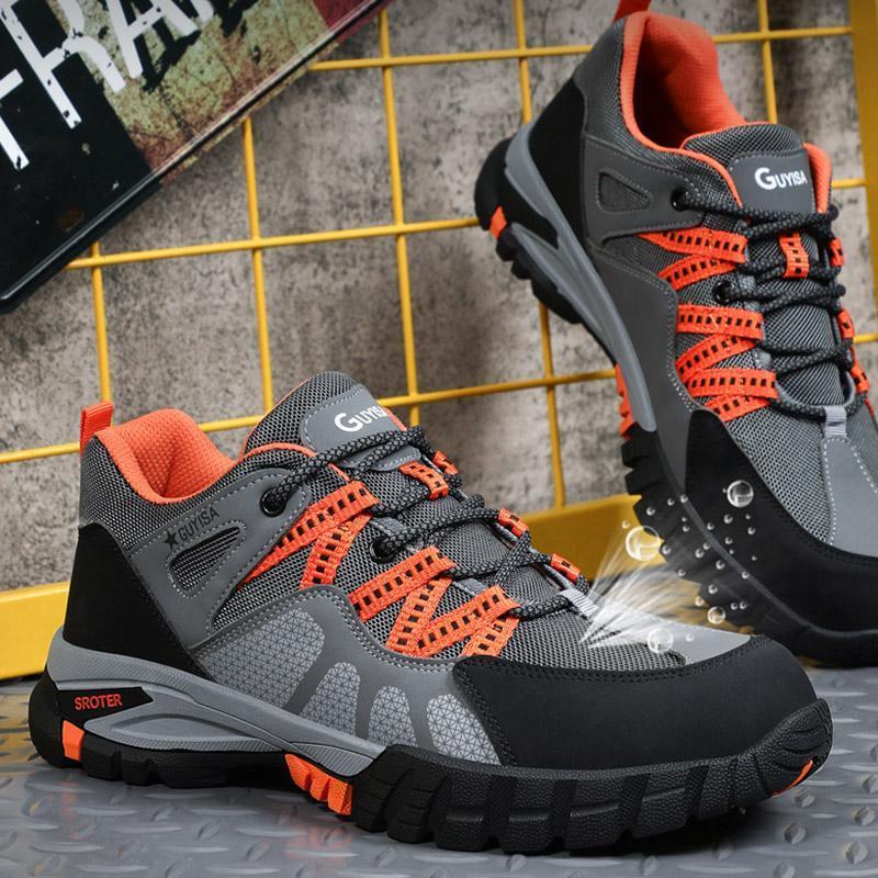 Slip-resistant outsole pattern on a men's steel toe work shoe
