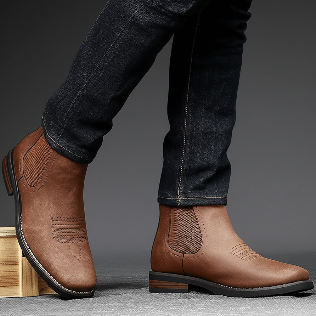 Close-up of the stitching on men's leather boots