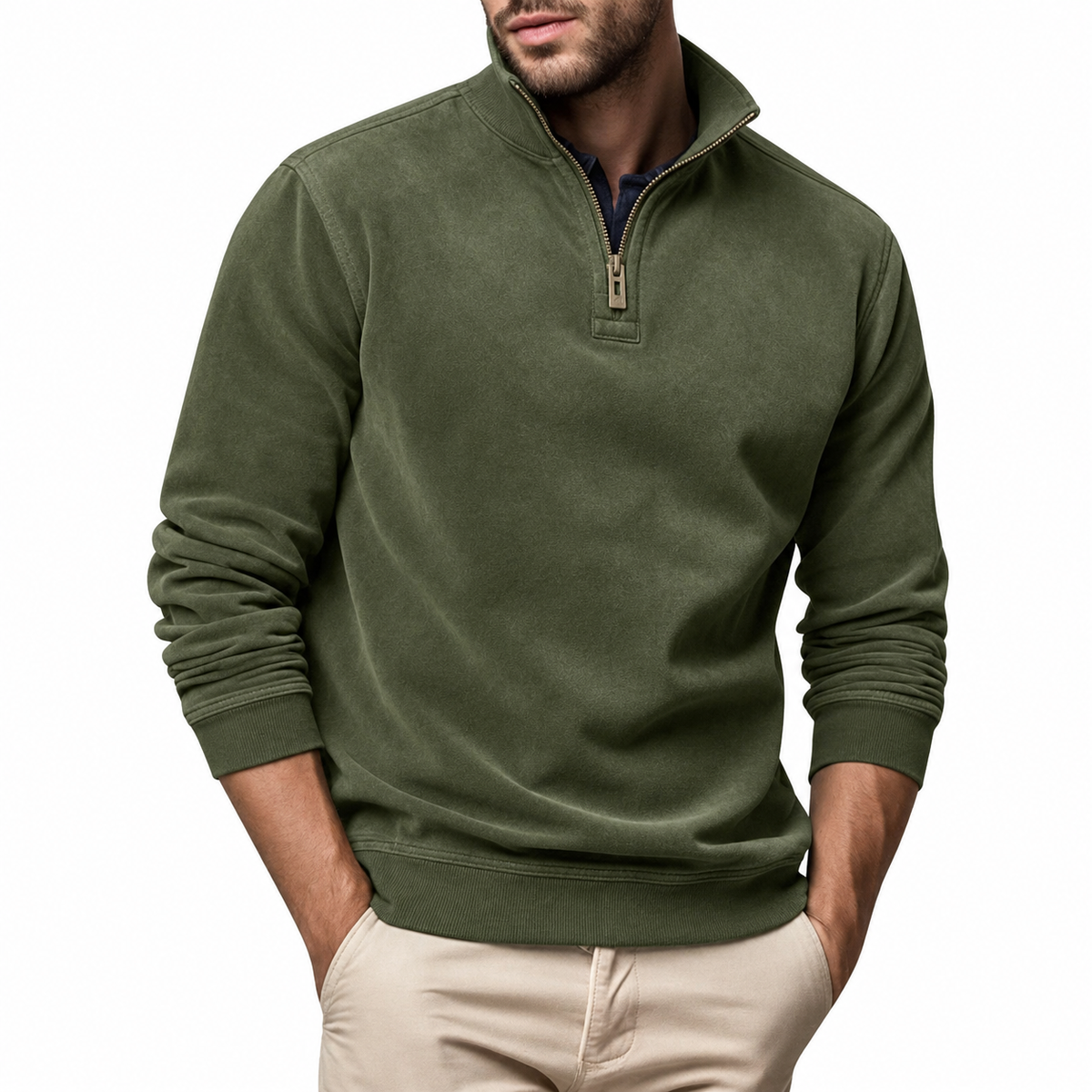 Back view of the men's quarter-zip pullover sweater