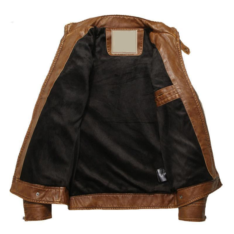 Close-up of men's faux leather bomber jacket front zipper