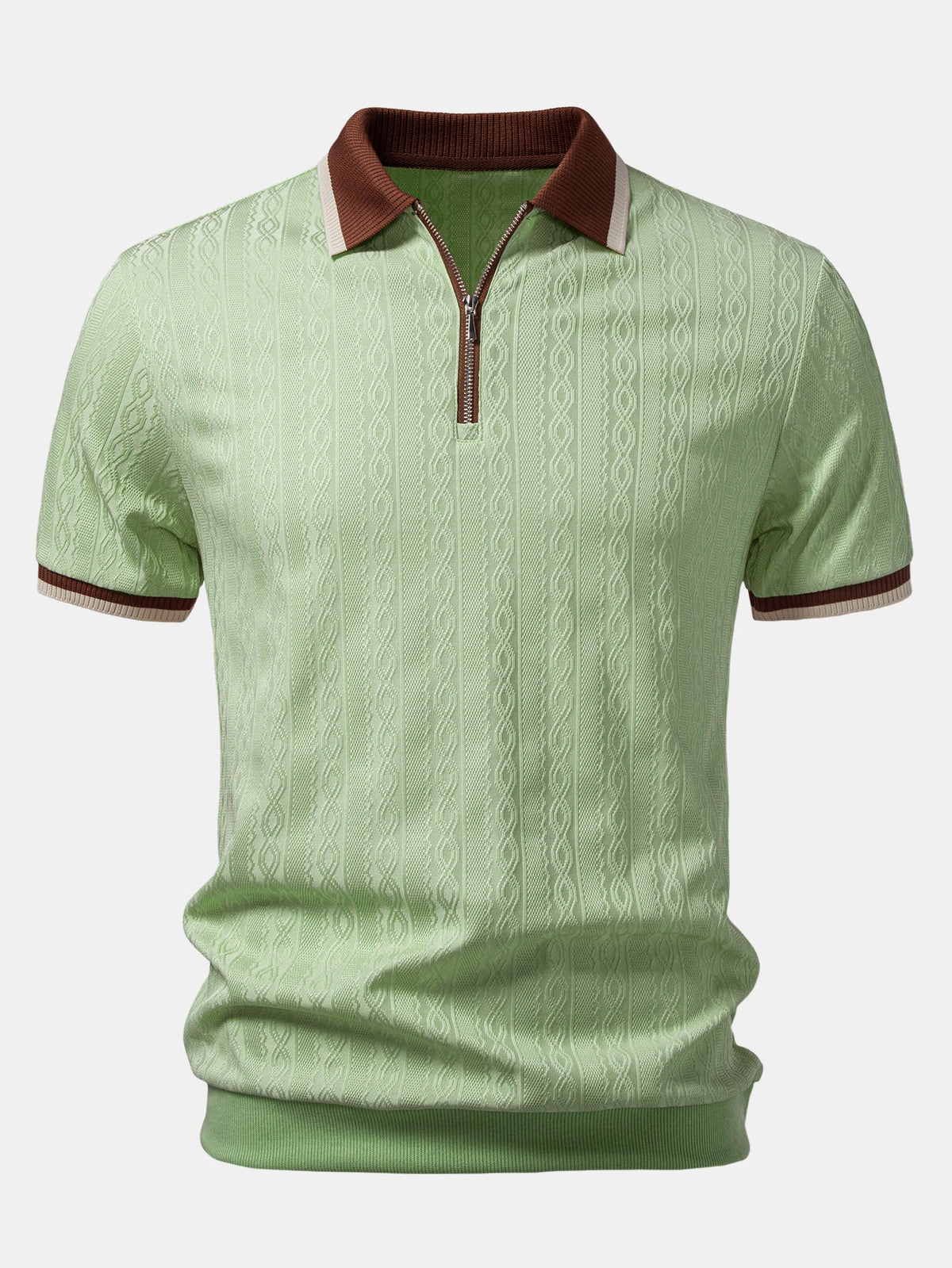 Side view of a textured knit quarter-zip polo shirt