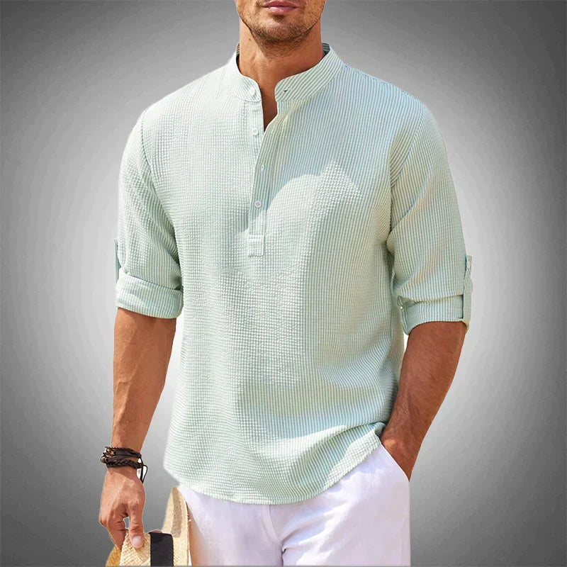 Side view of a men's long-sleeve button-up shirt