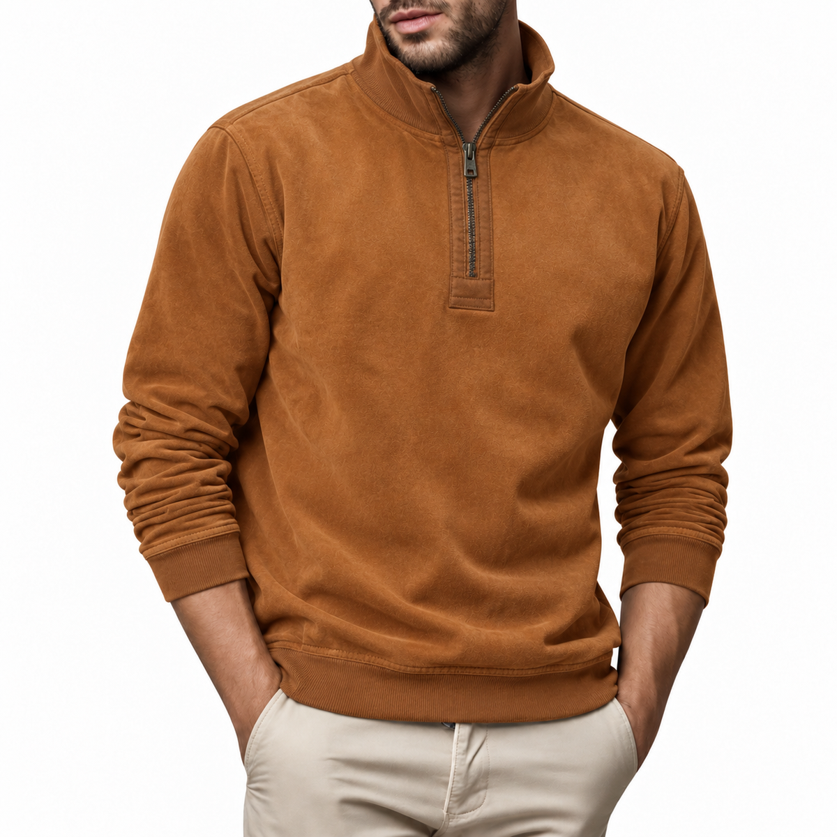 Men's sweater showing the relaxed casual pullover fit