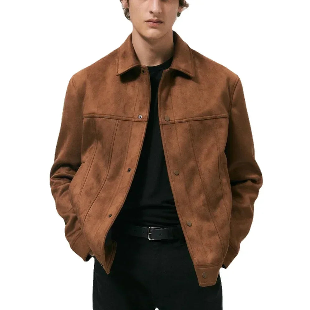 Men's Single Breasted Jacket Suede Lapel Outerwear